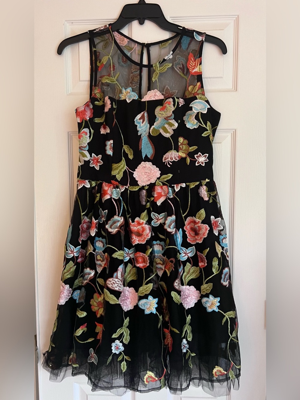 New York & Company Black Floral Embroidered Fit-and-Flare Dress